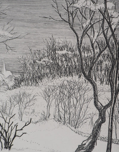 André Roland BRUDIEUX : Vue du village sous la neige - Gravure (détail)