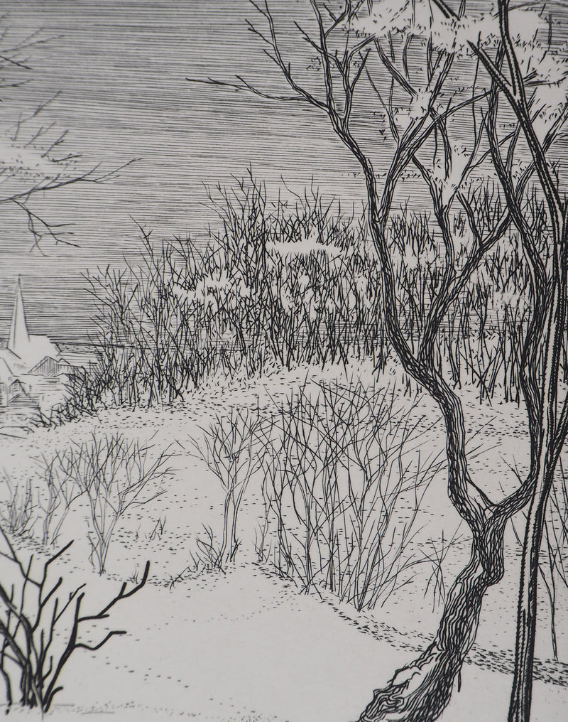 André Roland BRUDIEUX : Vue du village sous la neige - Gravure (détail)
