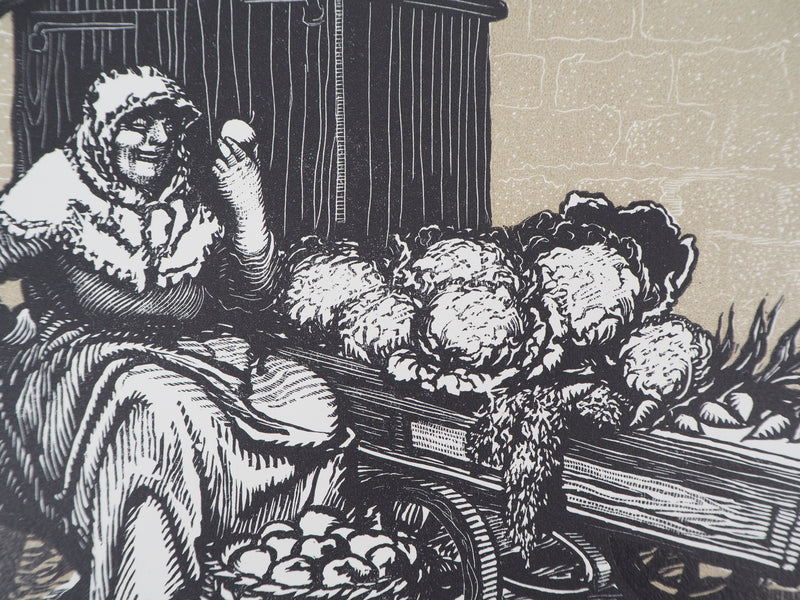 Georges BRUYER : La bonne marchande, 1923 - Gravure sur bois (détail)
