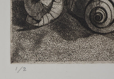 Roland CABOT : Nature morte au colimaçon - Gravure (détail)