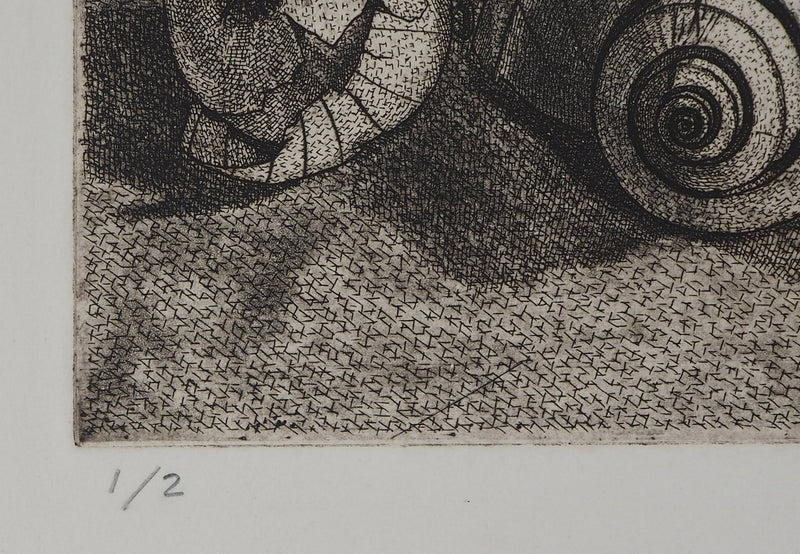 Roland CABOT : Nature morte au colimaçon - Gravure (détail)