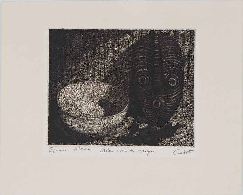Roland CABOT : Nature morte au masque - Gravure (détail)