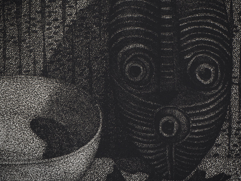 Roland CABOT : Nature morte au masque - Gravure (détail)