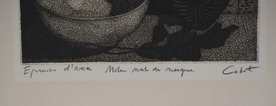 Roland CABOT : Nature morte au masque - Gravure (détail)