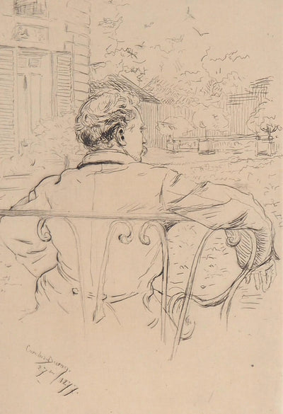  CAROLUS DURAN : Homme regardant la terrasse, 1877 - Gravure (détail)