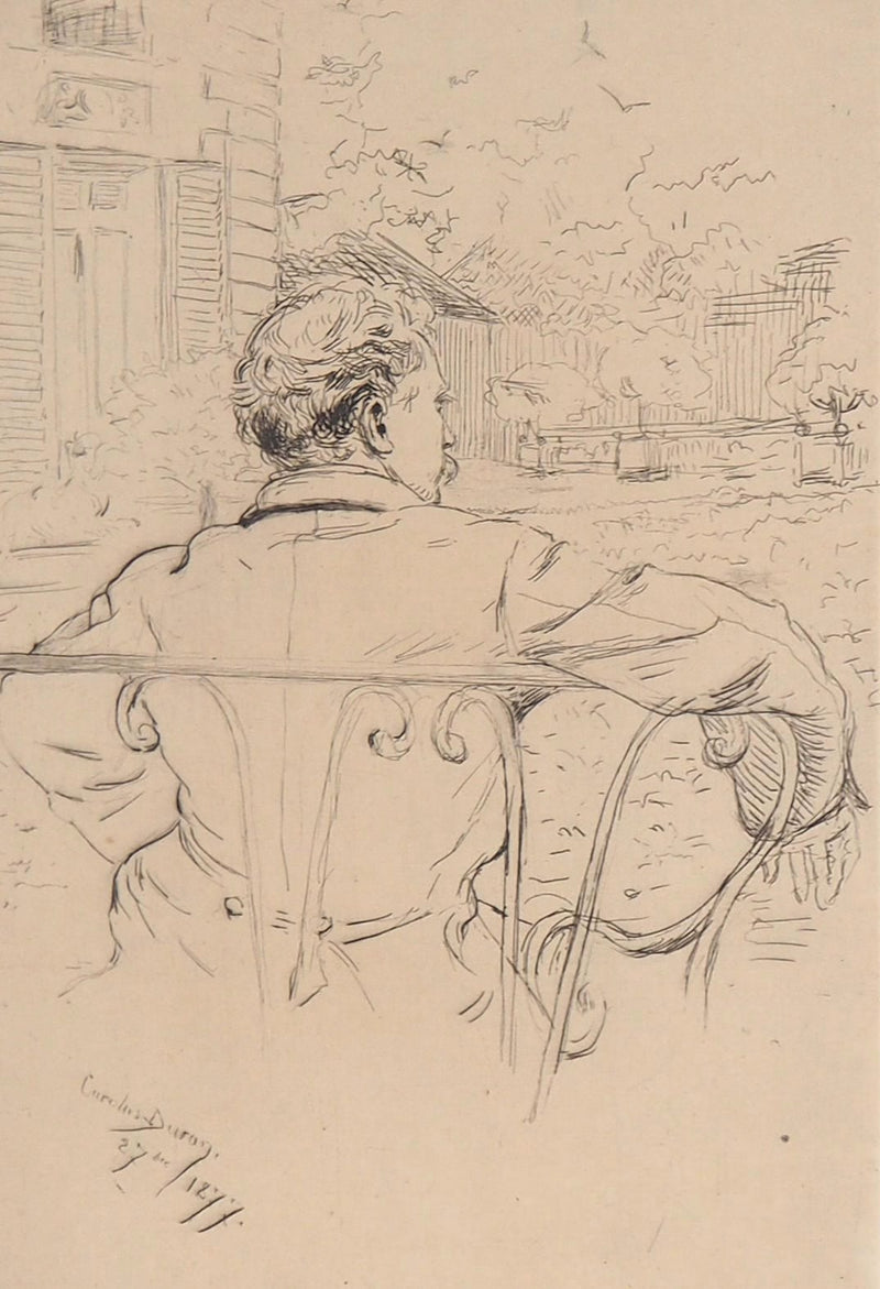  CAROLUS DURAN : Homme regardant la terrasse, 1877 - Gravure (détail)