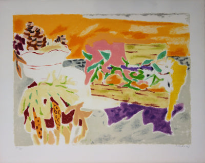 Jules CAVAILLES : Fruits et pommes de pin - Lithographie