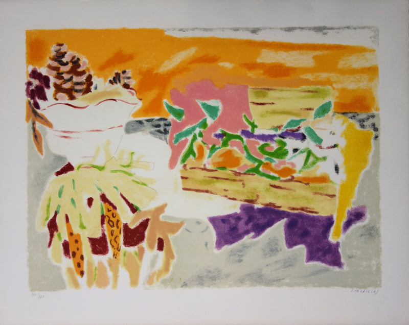 Jules CAVAILLES : Fruits et pommes de pin - Lithographie