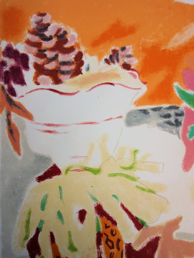 Jules CAVAILLES : Fruits et pommes de pin - Lithographie (détail)