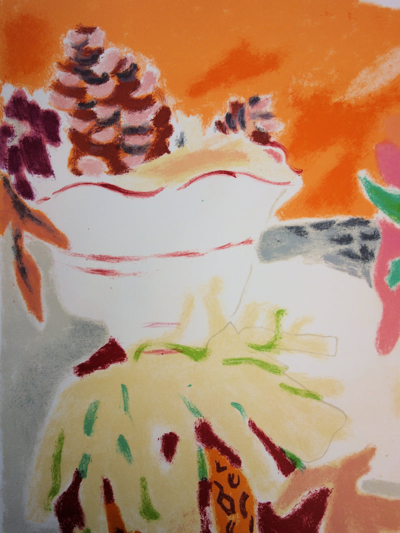 Jules CAVAILLES : Fruits et pommes de pin - Lithographie (détail)