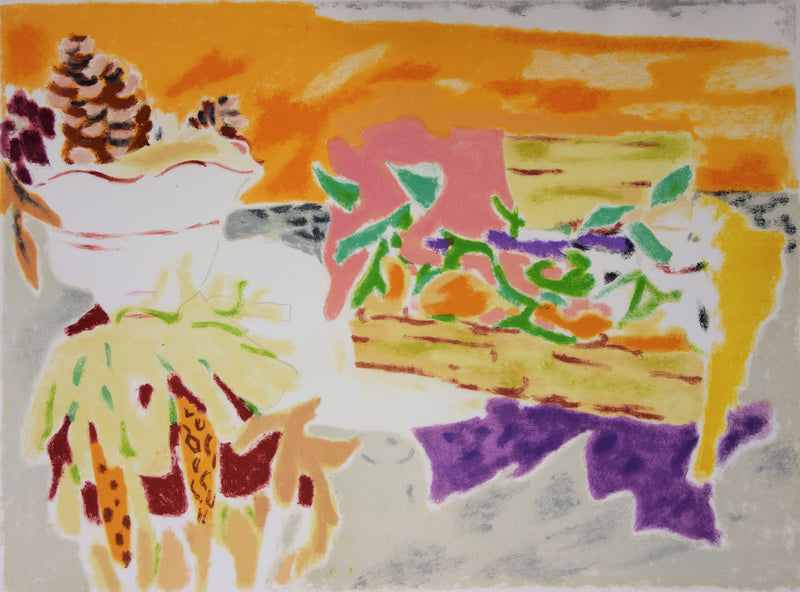 Jules CAVAILLES : Fruits et pommes de pin - Lithographie (détail)