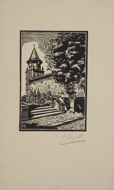 S. CAYOTTE : Le vieux clocher - Gravure sur bois (détail)