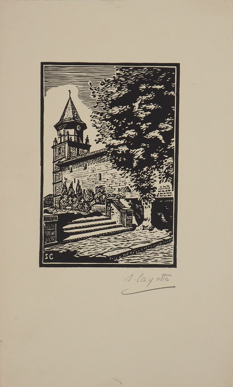 S. CAYOTTE : Le vieux clocher - Gravure sur bois (détail)