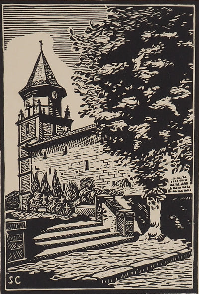 S. CAYOTTE : Le vieux clocher - Gravure sur bois (détail)