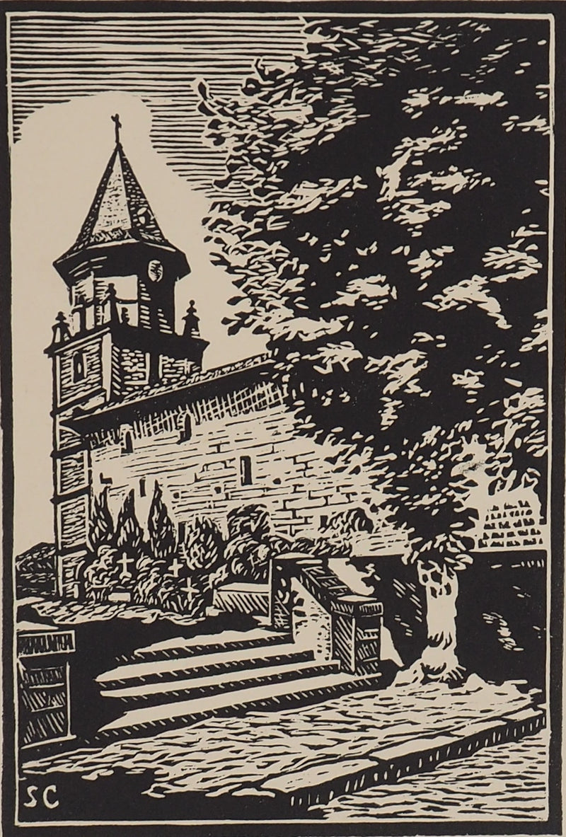 S. CAYOTTE : Le vieux clocher - Gravure sur bois (détail)