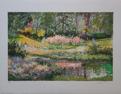 Yvonne CHEFFER DELOUIS : Iris roses près du lac - Lithographie