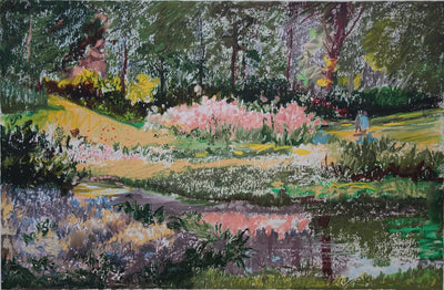 Yvonne CHEFFER DELOUIS : Iris roses près du lac - Lithographie (détail)