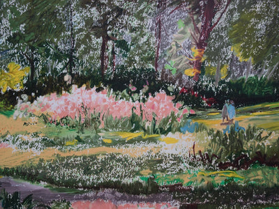 Yvonne CHEFFER DELOUIS : Iris roses près du lac - Lithographie (détail)
