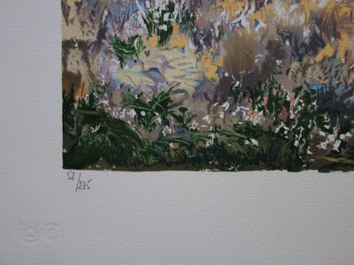 Yvonne CHEFFER DELOUIS : Iris roses près du lac - Lithographie (détail)