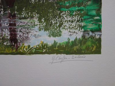 Yvonne CHEFFER DELOUIS : Iris roses près du lac - Lithographie (détail)