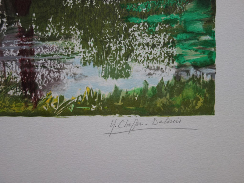 Yvonne CHEFFER DELOUIS : Iris roses près du lac - Lithographie (détail)