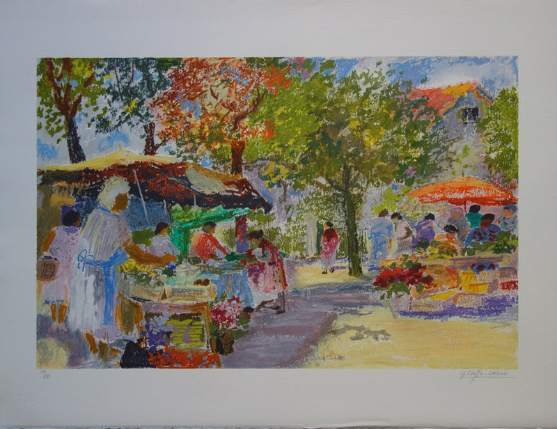 Yvonne CHEFFER DELOUIS : Marché place des Crames - Lithographie