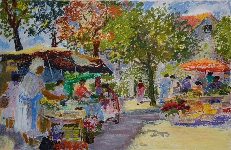 Yvonne CHEFFER DELOUIS : Marché place des Crames - Lithographie (détail)