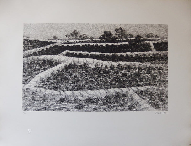 J.M. CHOT : Le trottoir dans les près - Gravure