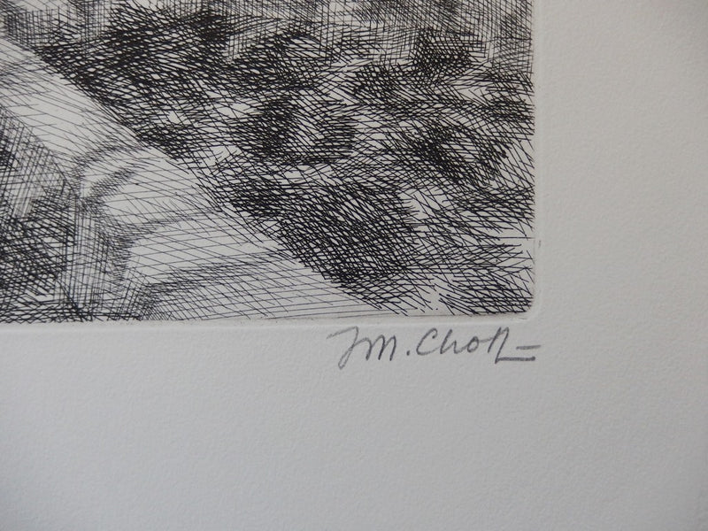 J.M. CHOT : Le trottoir dans les près - Gravure (détail)