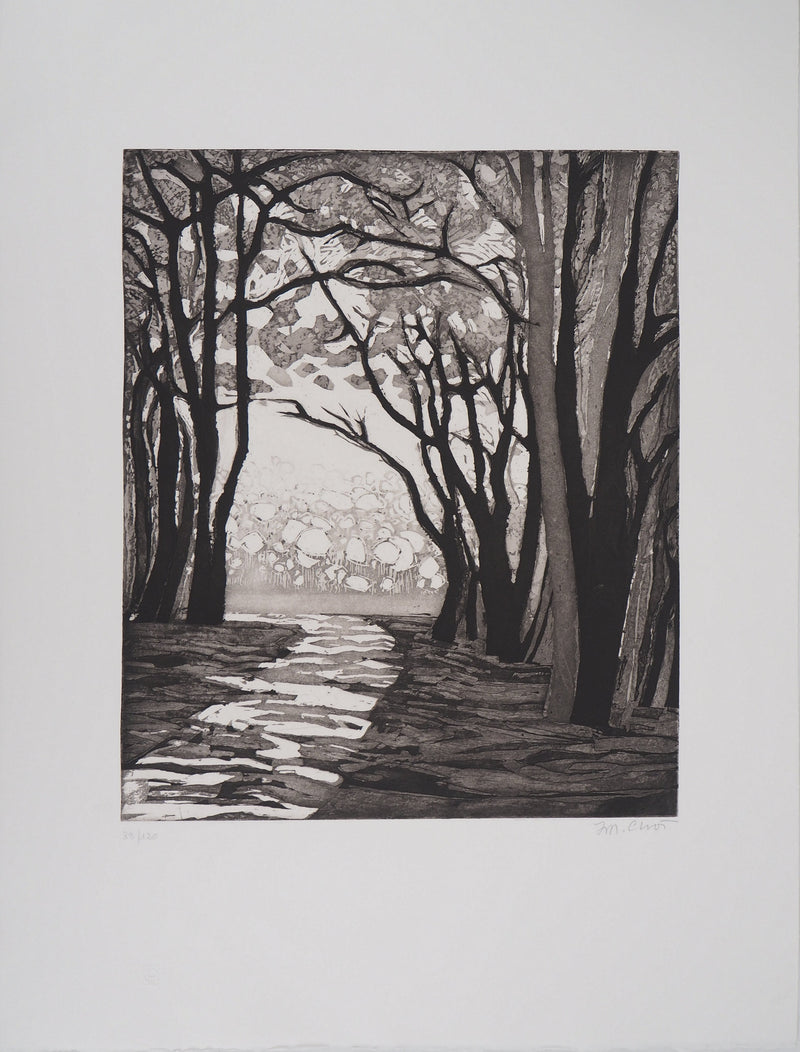 Maurice CHOT-PLASSOT : Rivière en forêt - Gravure (détail)