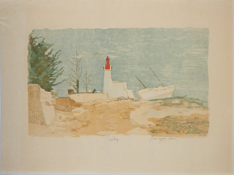 Pierre Eugène CLAIRIN : Loctudy : Phare de Bretagne - Lithographie (détail)