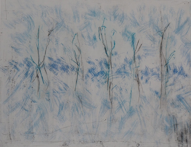 Line CLEMENT : Bleu, verticalité, flou, 1986 - Gravure