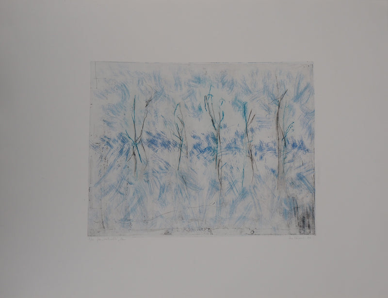 Line CLEMENT : Bleu, verticalité, flou, 1986 - Gravure (détail)