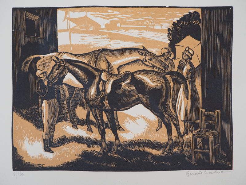 Gérard COCHET : Chevaux avant la course (Pesage), 1926 - Gravure sur bois