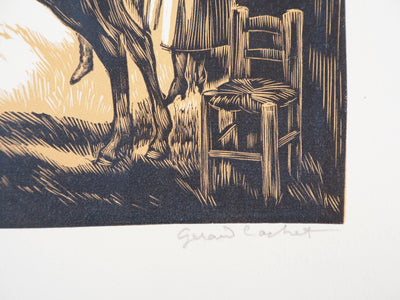 Gérard COCHET : Chevaux avant la course (Pesage), 1926 - Gravure sur bois (détail)