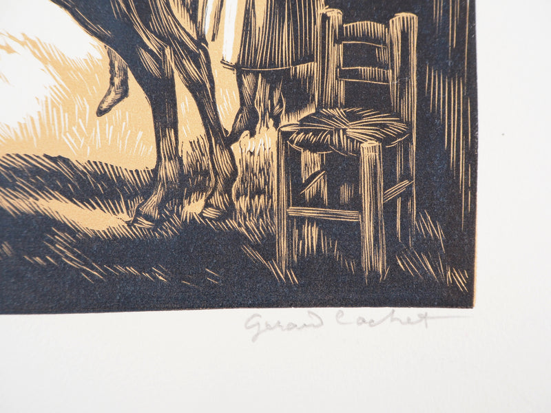 Gérard COCHET : Chevaux avant la course (Pesage), 1926 - Gravure sur bois (détail)