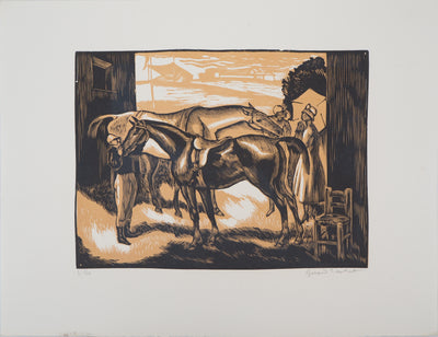 Gérard COCHET : Chevaux avant la course (Pesage), 1926 - Gravure sur bois (détail)