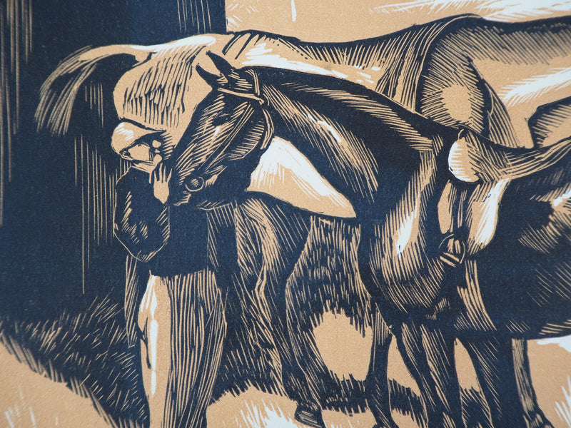 Gérard COCHET : Chevaux avant la course (Pesage), 1926 - Gravure sur bois (détail)
