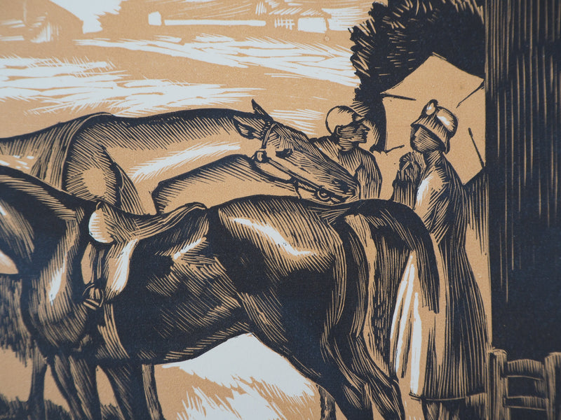 Gérard COCHET : Chevaux avant la course (Pesage), 1926 - Gravure sur bois (détail)