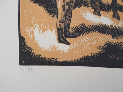 Gérard COCHET : Chevaux avant la course (Pesage), 1926 - Gravure sur bois (détail)