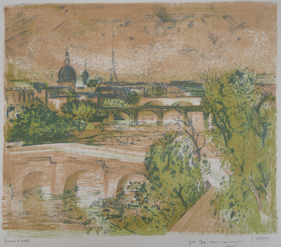 Paul COLLOMB : Paris sur la Seine - Lithographie (détail)
