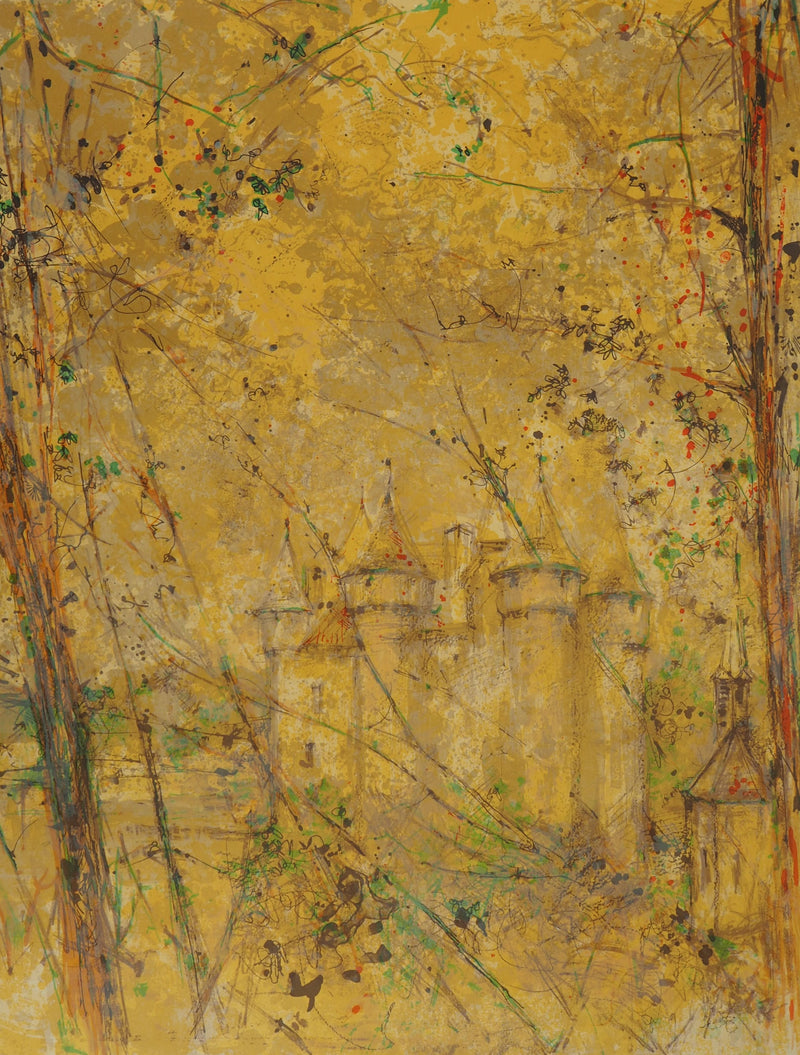 Yves-Jean COMMERE : Lanobre, Château en jaune - Lithographie