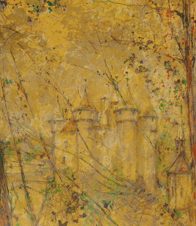 Yves-Jean COMMERE : Lanobre, Château en jaune - Lithographie (détail)