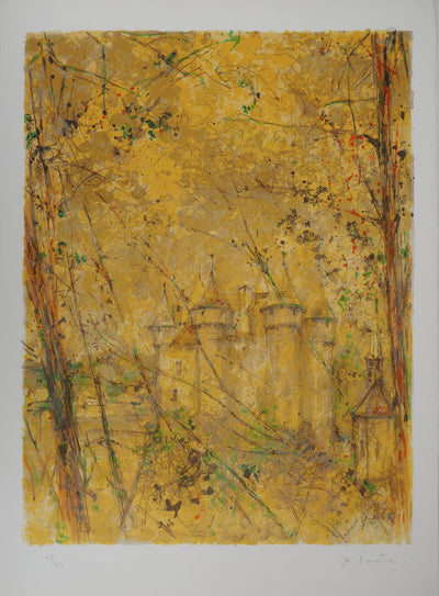Yves-Jean COMMERE : Lanobre, Château en jaune - Lithographie (détail)