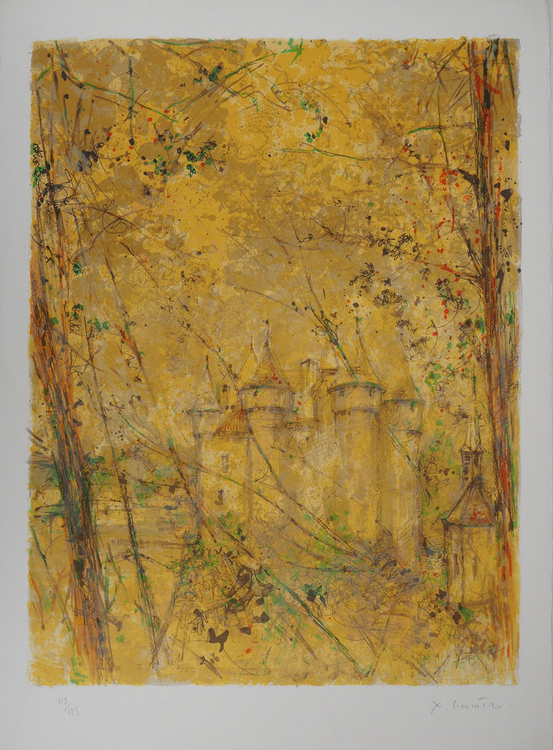 Yves-Jean COMMERE : Lanobre, Château en jaune - Lithographie (détail)