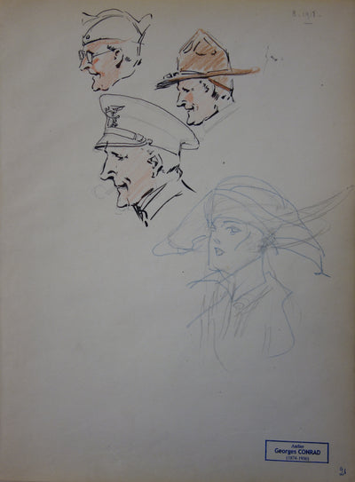 Georges CONRAD : Etudes de têtes des soldats de profil - Dessin