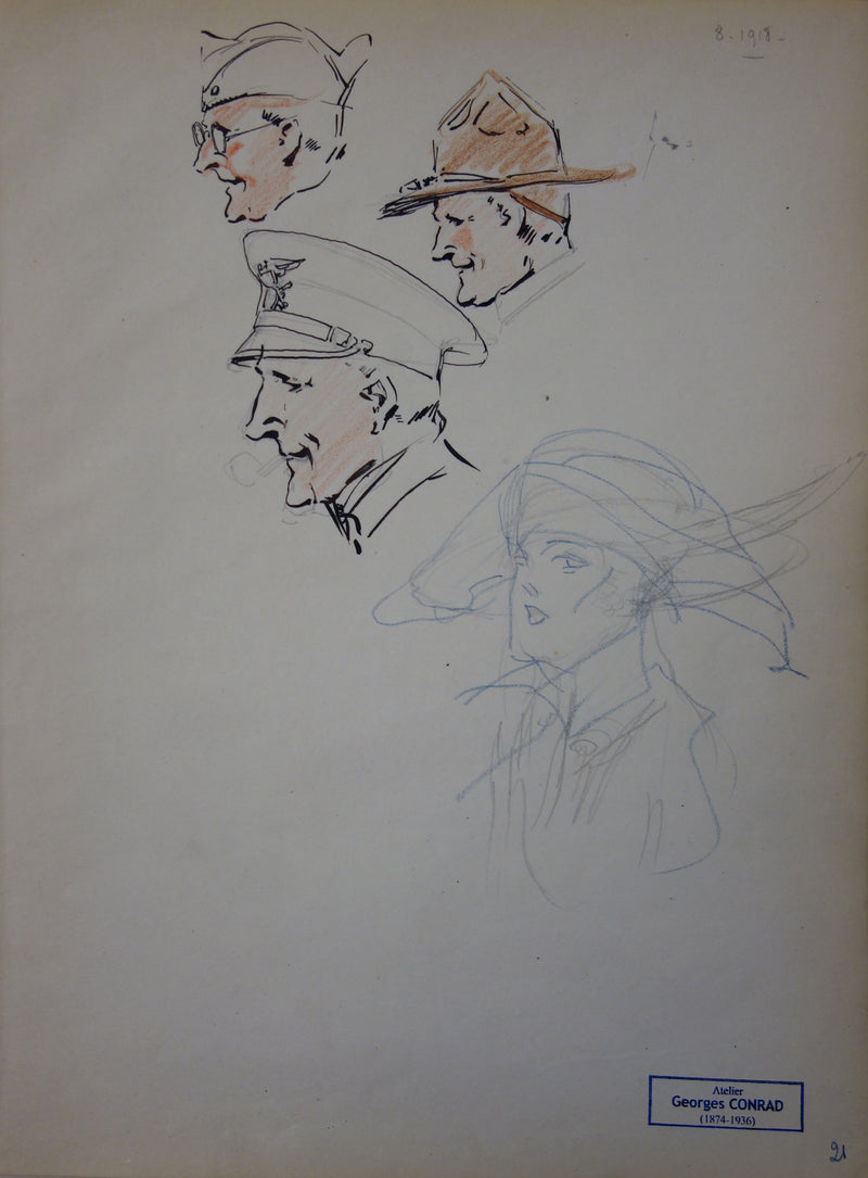 Georges CONRAD : Etudes de têtes des soldats de profil - Dessin