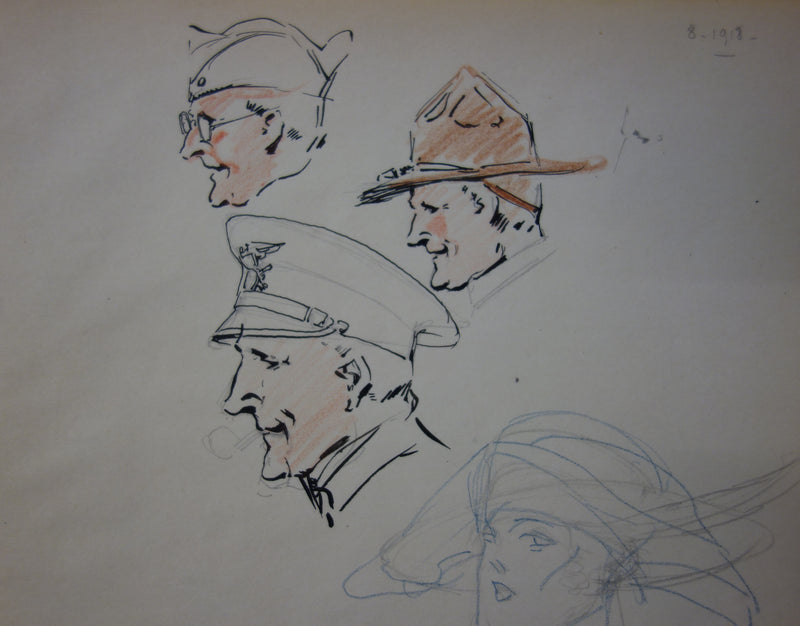 Georges CONRAD : Etudes de têtes des soldats de profil - Dessin (détail)