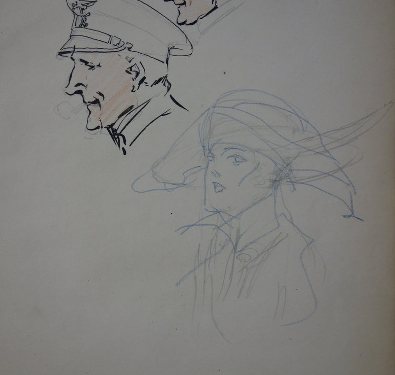 Georges CONRAD : Etudes de têtes des soldats de profil - Dessin (détail)