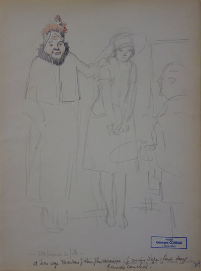 Georges CONRAD : Jeune fille avec sa gouvernante - Dessin